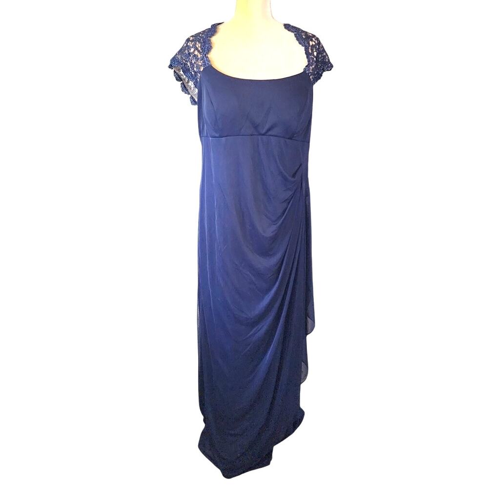 Xscape by Joanna Chen Blue Lace Sleeves Ruched Gown Dress Plus Size 14